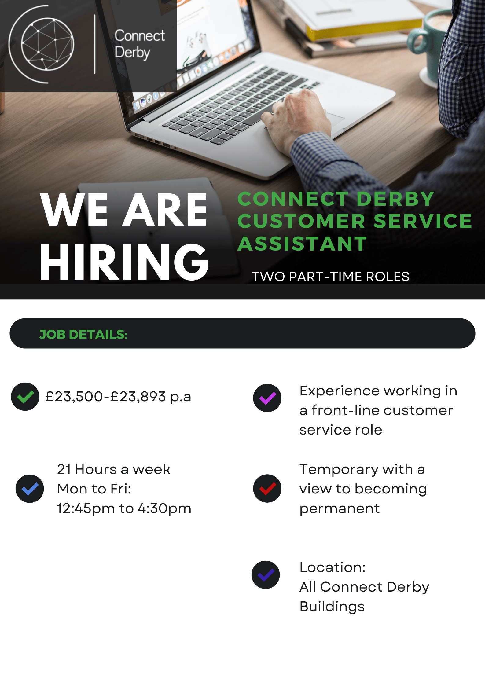 Connect Derby are Hiring Two Part-Time Customer Service Assistants